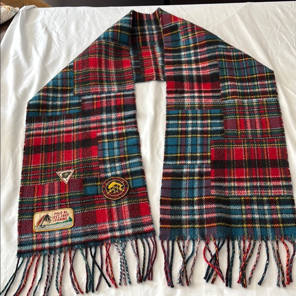 Polo Ralph ITALY Lauren Red Blue WOOL BLEND Plaid FISHING HUNTING PATCHES SCARF - Picture 11 of 12